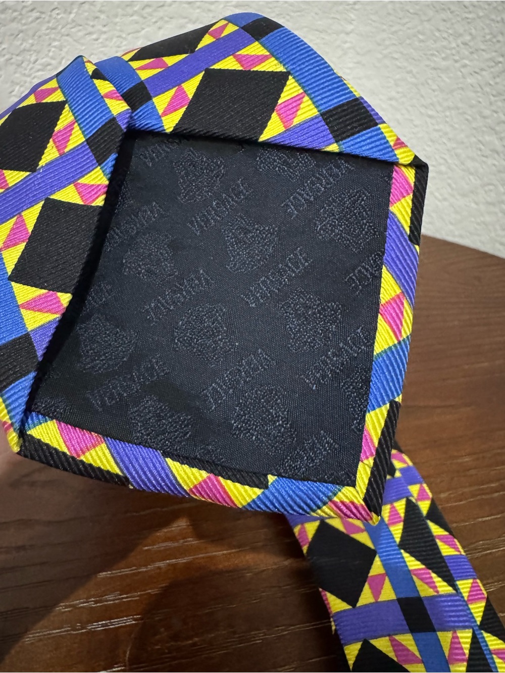 Versace Vintage Geometric Pattern Silk Neck Tie - Blue Purple Black Pink Yellow - Picture 4 of 6